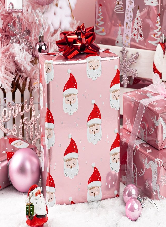 MAYPLUSS Pink Christmas Wrapping Paper - 17In x 120In Per Roll - Girly Festive Metallic Foil Trees, Cute Santa, Winter Sled Design Christmas Girls Pink Gift Wrap Paper for Winter Holiday, Birthday - Image 3